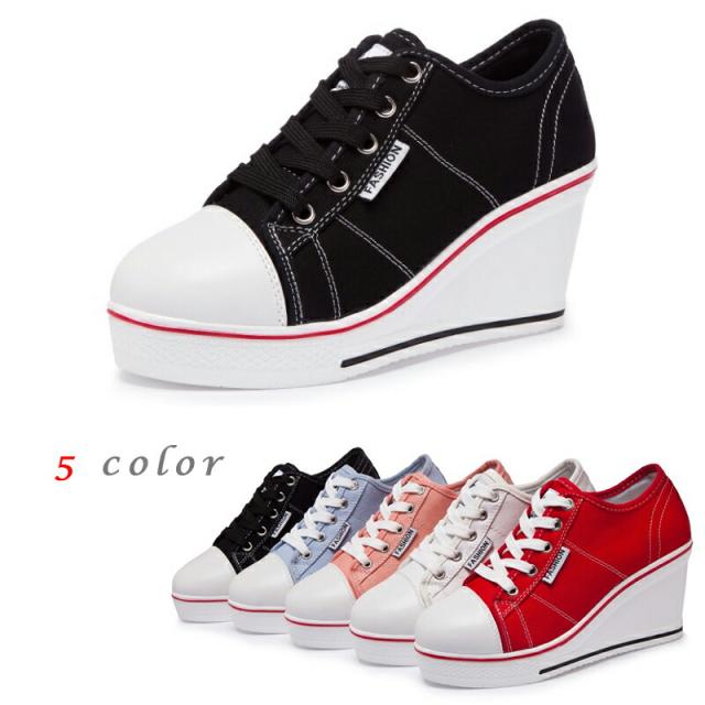 厚底スニーカー ヒールスニーカー レディース スニーカー シューズキャンバス  ハイヒール ウェッジソール カジュアルシューズ キャンバス素材　インヒール 5色