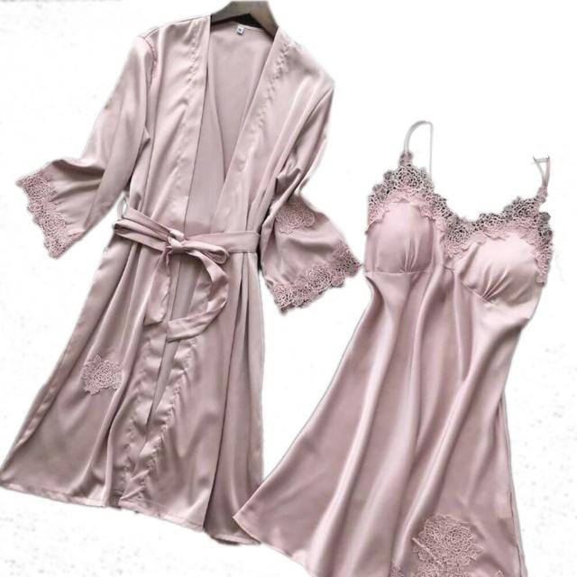 ネグリジェ パジャマ ルームウェア 2点セット レディース カップ付き 前開き  ロング丈 パジャマ セクシー ベルト付き シルク風 ナイトウェア 部屋着 ワンピース ガウン 長袖ガウン オールシーズン ネグリジェ パジャマ ルームウェア 2点セット レディース カップ付き