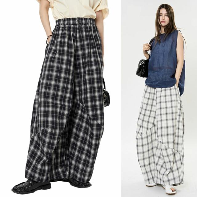 【夏新作】ビンテージチェック柄デザインランタンパンツ - ゆったりシルエットで脚長効果（ブラック×ホワイト）
