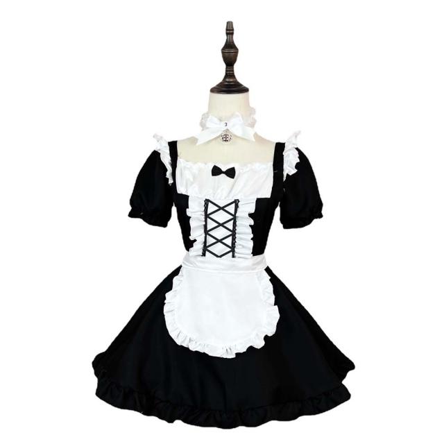 メイド服 コスプレ コンカフェ メイド エプロン 定番 ショート丈 メイドコスチューム 仮装 レディース メンズ セット 一式 こすぷれ イベント パーティー 大人 男女兼用 ストッキング 2足セット付_1