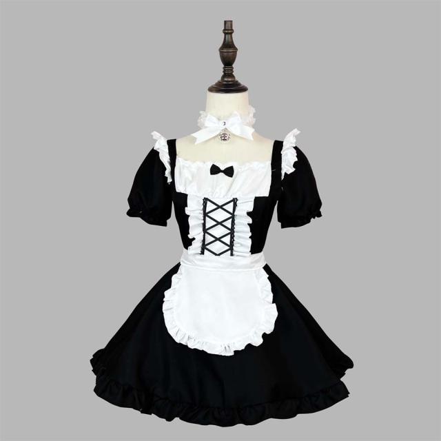 メイド服 コスプレ コンカフェ メイド エプロン 定番 ショート丈 メイドコスチューム 仮装 レディース メンズ セット 一式 こすぷれ イベント パーティー 大人 男女兼用 ストッキング 2足セット付_8
