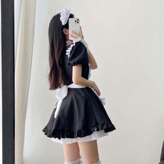 メイド服 コスプレ コンカフェ メイド エプロン 定番 ショート丈 メイドコスチューム 仮装 レディース メンズ セット 一式 こすぷれ イベント パーティー 大人 男女兼用 ストッキング 2足セット付_9