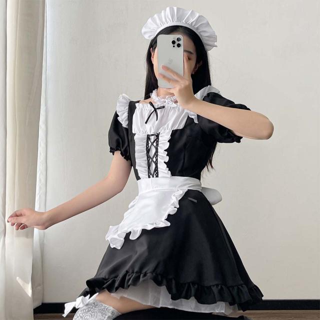メイド服 コスプレ コンカフェ メイド エプロン 定番 ショート丈 メイドコスチューム 仮装 レディース メンズ セット 一式 こすぷれ イベント パーティー 大人 男女兼用 ストッキング 2足セット付_10