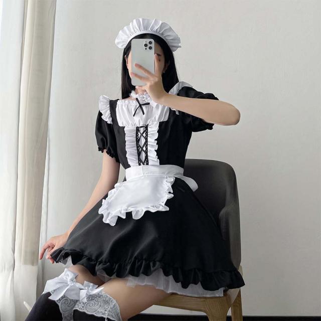 メイド服 コスプレ コンカフェ メイド エプロン 定番 ショート丈 メイドコスチューム 仮装 レディース メンズ セット 一式 こすぷれ イベント パーティー 大人 男女兼用 ストッキング 2足セット付_3