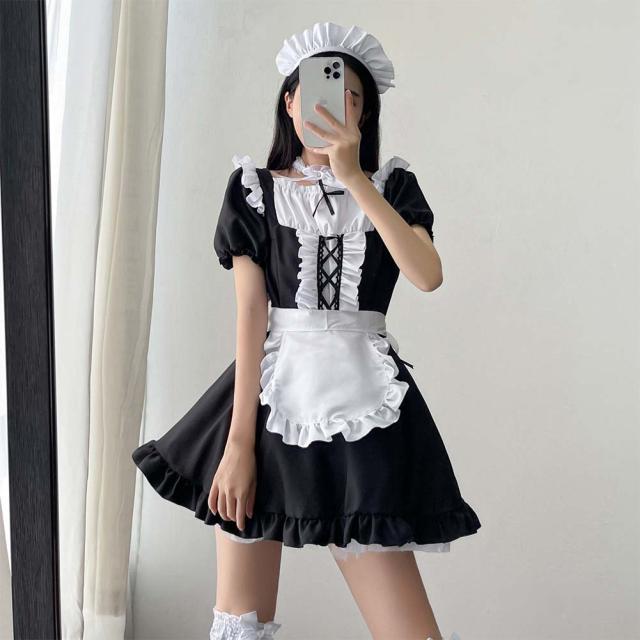 メイド服 コスプレ コンカフェ メイド エプロン 定番 ショート丈 メイドコスチューム 仮装 レディース メンズ セット 一式 こすぷれ イベント パーティー 大人 男女兼用 ストッキング 2足セット付_4