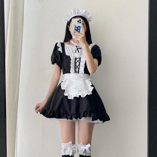 メイド服 コスプレ コンカフェ メイド エプロン 定番 ショート丈 メイドコスチューム 仮装 レディース メンズ セット 一式 こすぷれ イベント パーティー 大人 男女兼用 ストッキング 2足セット付_5