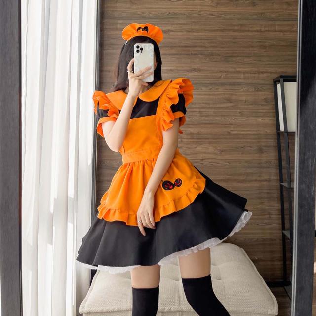 メイド服 コスプレ メイド エプロン 魔女 メイドコスチューム 仮装 レディース メンズ セット 一式 こすぷれ イベント パーティー 大人 男女兼用 ストッキング 2足セット付_5