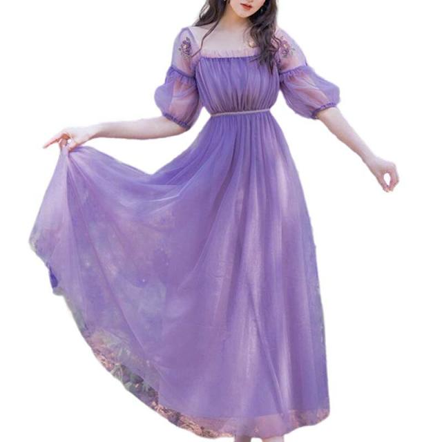 ワンピース レディース フレアワンピース ロング ロング丈 袖あり 半袖 ボリューム袖 スクエアネック  Aライン 裾フレア レース シフォン フリル ふわふわ 透け感 シースルー 伸縮性 かわいい 大人可愛い きれいめ  上品 おしゃれ お洒落 大人可愛い 夏