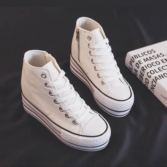 シークレットシューズ スニーカー キャンバス レディース ハイカット サイドジッパー カジュアルシューズ 9.5CM 身長アップ インヒール内蔵のため 厚底 歩きやすい おしゃれ靴 春 秋 通勤 通学