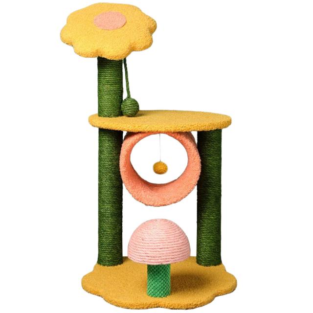 キャットタワー 据え置き 猫 キャットタワー 可愛い 爪とぎ 省スペース 猫ハウス 突っ張り ねこ キャットポール 花 つめとぎ 爪磨き ねこハウス 運動不足解消 転倒防止 安定性 組立簡単タイプ 新生活