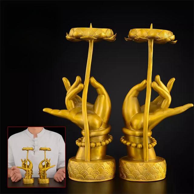 2個セット 燭台 銅製品 ローソク立て 蓮 仏様の手 キャンドル