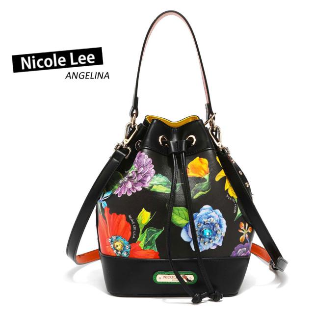 数量限定 NICOLE LEE ニコールリー BMV16515 BE MY VALENTINE レディース レトロモダンフラワー フローラル 花柄 巾着バッグ ショルダー 春夏秋冬 ビーガンレザー ヴィーガン 人気 30代 40代 20代 SDGs サステナブル 宝石ビジュー 黒 ハンドバッグ