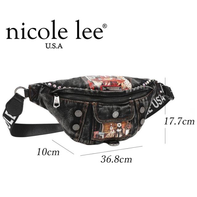 NICOLE LEE ニコールリー JS16975 SISTERS SECRET レディース ニコルリー デニム ロゴショルダー ナナメ掛け ボディバッグ ショルダーバッグ オーロラビジュー ワッペン イラスト ステッチ DENIM SISTERS SECRET BELT BAG ラインストーン ジーンズ 通勤通学_5