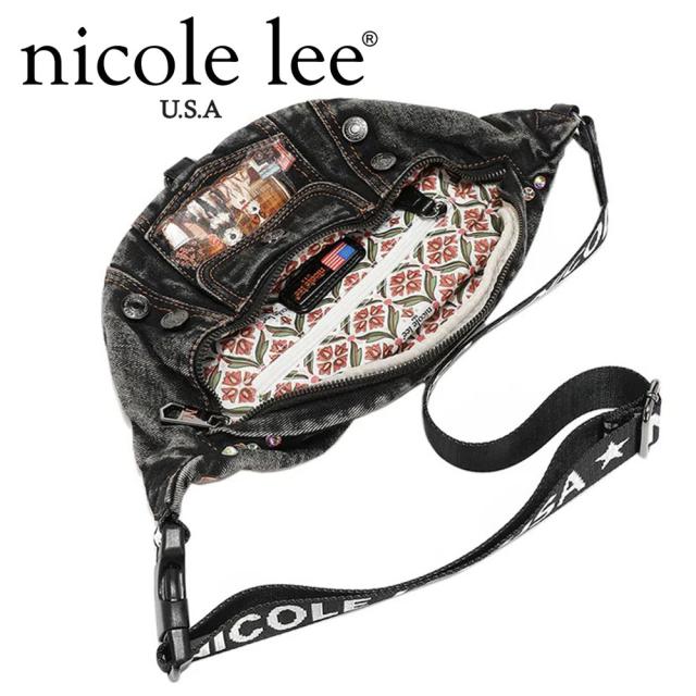 NICOLE LEE ニコールリー JS16975 SISTERS SECRET レディース ニコルリー デニム ロゴショルダー ナナメ掛け ボディバッグ ショルダーバッグ オーロラビジュー ワッペン イラスト ステッチ DENIM SISTERS SECRET BELT BAG ラインストーン ジーンズ 通勤通学_8