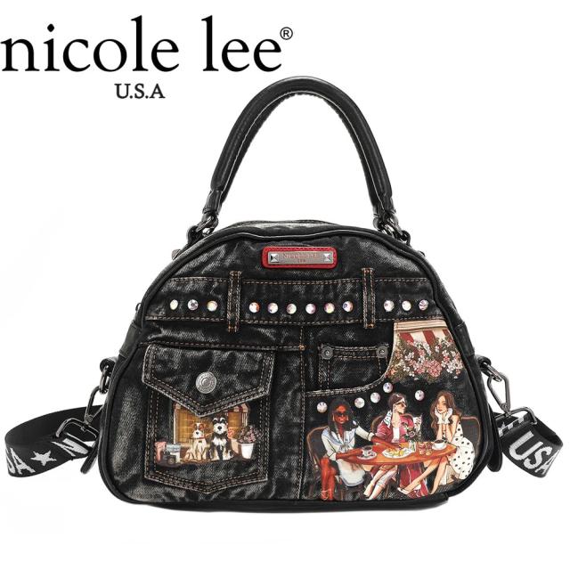 2024 新作 数量限定 NICOLE LEE ニコールリー JS16977 DENIM SISTERS SECRET DOME HANDBAG レディース ウォッシュデニム ドームハンドバッグ ショルダー シュナウザー カフェ ゴージャス 海外ブランド バック ニコルリー キラキラ ビジュー ポケット ステッチ ビンテージ