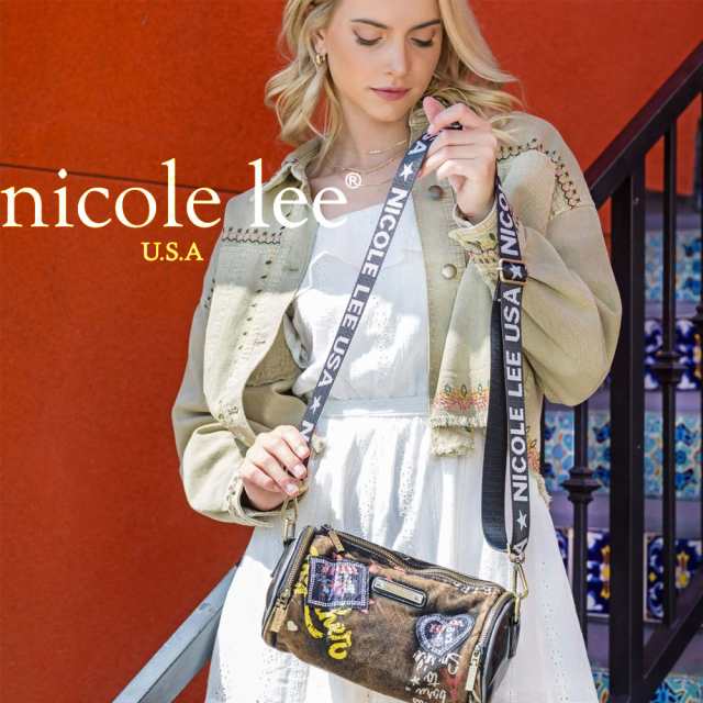 2024 新作 NICOLE LEE ニコールリー JS16990 レディース ニコルリー リッチ ウォッシュ ダメージ デニム ショルダーバッグ  バック ビーガンレザー クリアビジュー 公式 ラインストーン WASHED DENIM BARREL BAG ロゴショルダー ワッペン 蝶々  ポップロゴ わんちゃん 犬の ...