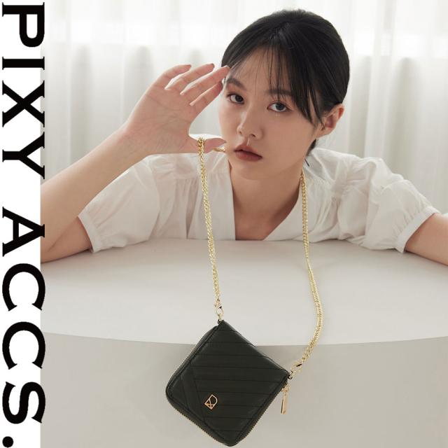 保証付 返品OK 日本正規代理店 PIXY ACCS. ピクシーアックス PW220005 レディース キルティング フェミニン 二つ折り ラウンドファスナーミニ財布 ウォレット お財布バッグ チェーンショルダー エレガント 本革 レザー 人気ブランド 台湾 幻夢交織車線真皮掛？短夾_1