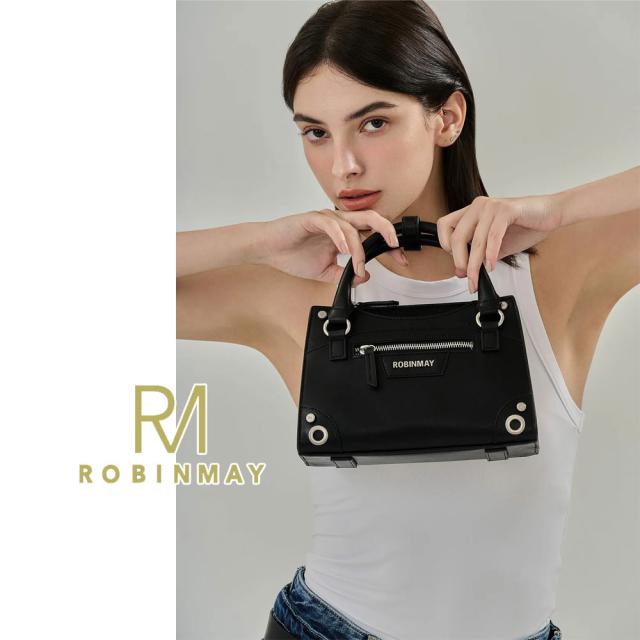 保証付 返品OK 正規品 ROBINMAY ロビンメイ B241 シンプル スタッズ クール 2WAYバッグ ミニボストン ハンドバッグ ショルダー 春夏秋冬 ビーガンレザー 通勤通学 人気 30代 40代 20代 SDGs サステナブル 台湾 鞄 ナナメ掛け スクエアバッグ ミニ 玩酷黒曜手提包_2