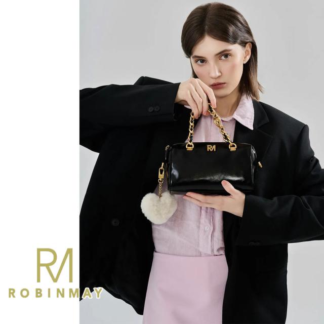 保証付 返品OK 正規品 ROBINMAY ロビンメイ B258 レディース リッチ ミニボストン ショルダー ハンドバッグ クラシカル 春夏秋冬 ビーガンレザー 通勤通学 人気 30代 40代 20代 SDGs サステナブル 台湾 鞄 ナナメ掛け RMロゴ SHINYHEART 手提包 ファーハートチャーム_1