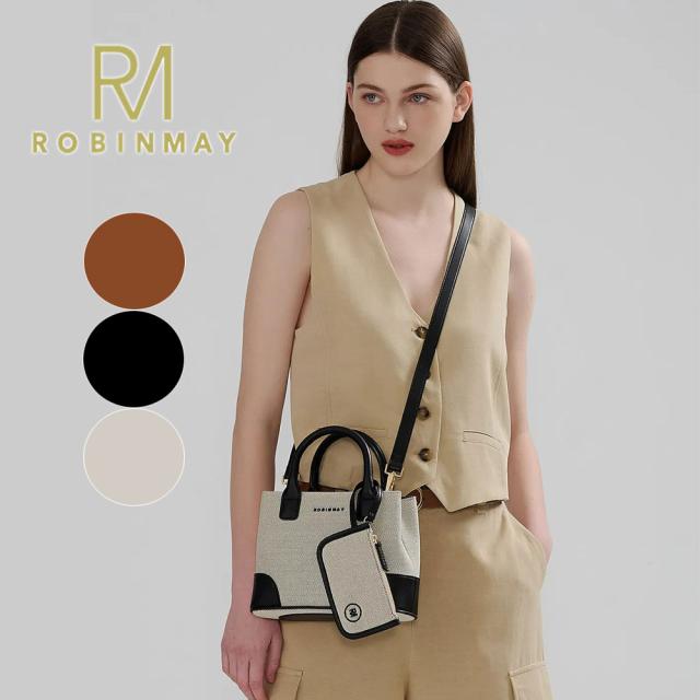 保証付 返品OK  正規品  2024 ROBINMAY ロビンメイ  WB083 レディース バイカラー リネンハンドバッグ スクエア型 麻 キャンバス ショルダー 小さめ ビーガンレザー ヴィーガン 人気 30代 40代 20代 SDGs サステナブル  小銭入れポーチ付 台湾 瑞?麻布手提包(M) ミニトート
