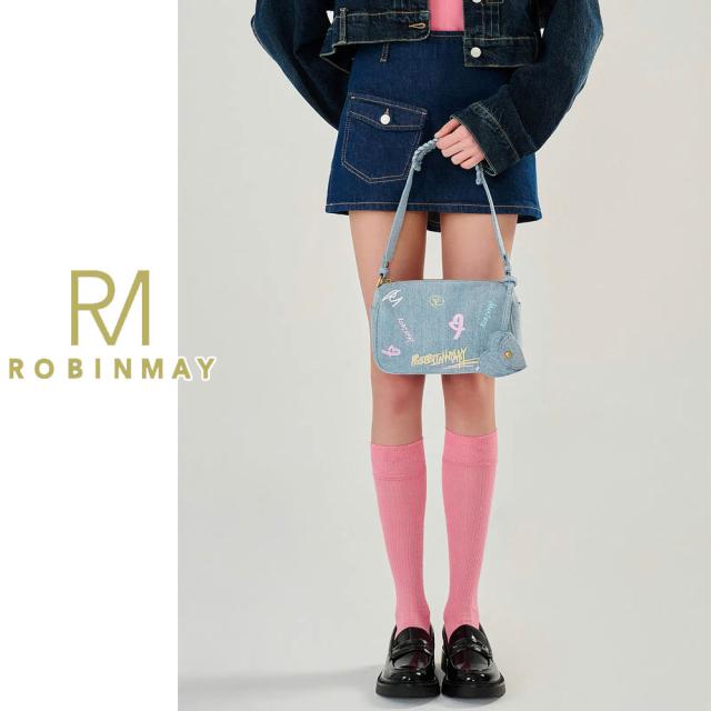 保証付 返品OK 正規品 ROBINMAY ロビンメイ WB112 Alexa 肩背包 レディース デニム カジュアル ショルダー バッグ 落書き グラフィック ペイント 50代　60代　人気 30代 40代 20代 SDGs 新作 入荷 台湾 海外モデル 鞄 ポップ 通勤通学 ハート型チャーム付き ブルー_2