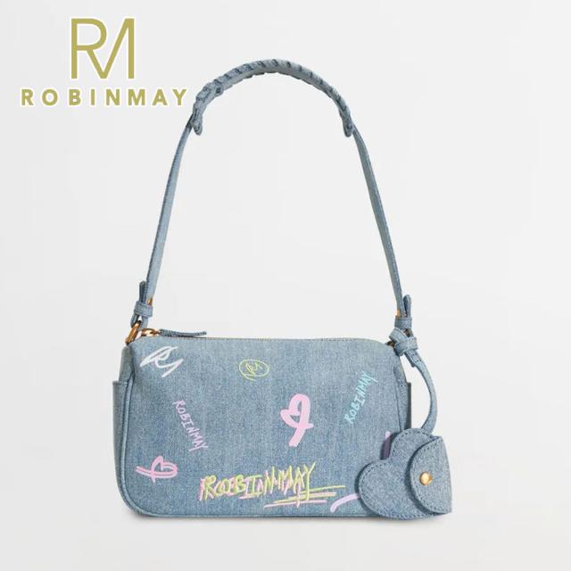 保証付 返品OK  正規品 2024 ROBINMAY ロビンメイ  WB112 Alexa 肩背包 レディース デニム カジュアル ショルダー バッグ 落書き グラフィック ペイント 50代　60代　人気 30代 40代 20代 SDGs 新作 入荷 台湾 海外モデル 鞄 ポップ 通勤通学 ハート型チャーム付き ブルー 保証付 返品OK 正規品 2024 ROBINMAY ロビンメイ WB112 Alexa 肩背包