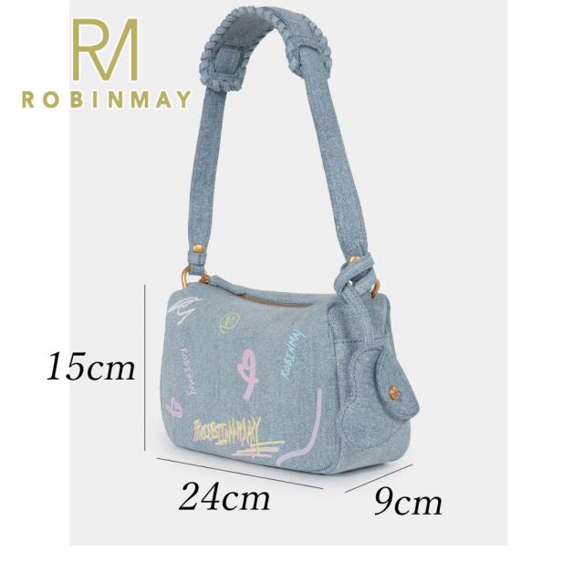 保証付 返品OK 正規品 ROBINMAY ロビンメイ WB112 Alexa 肩背包 レディース デニム カジュアル ショルダー バッグ 落書き グラフィック ペイント 50代　60代　人気 30代 40代 20代 SDGs 新作 入荷 台湾 海外モデル 鞄 ポップ 通勤通学 ハート型チャーム付き ブルー_6