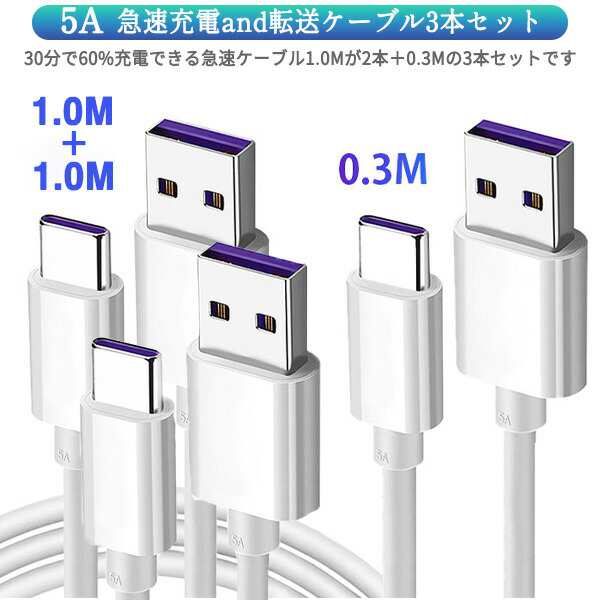 ケーブル３本セット】5.0A iPhone Type-C 急速充電ケーブル 0.3m 1.0m