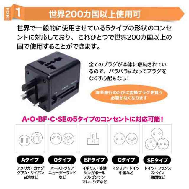 変換プラグ 海外 マルチ変換プラグ USB2ポート付 oタイプ cタイプ bf