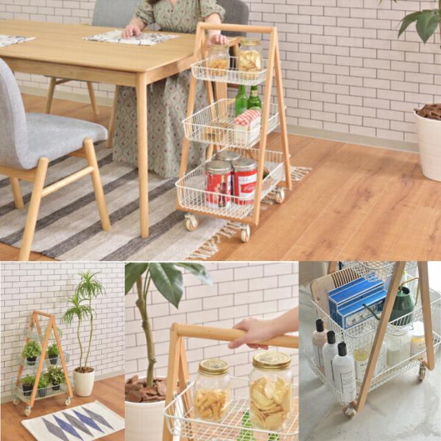 バスケットワゴン キッチンワゴン ガーデンプランター フェイクグリーン 観葉植物 天然木 スチール キャスター付き テーブルサイド ラック 棚 グリーン ホワイト 東谷 PW-54の通販は