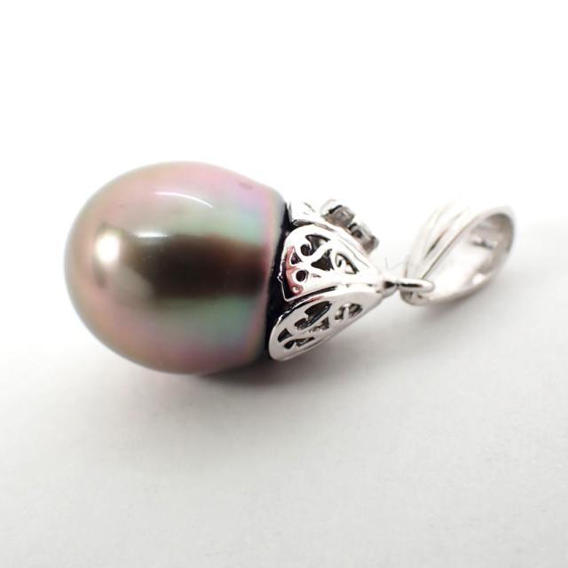 ジュエリー 南洋ブラックパール 真珠 ダイヤモンド ペンダントトップ K14ホワイトゴールド 中古 本真珠 南洋黒蝶真珠ネックレストップ 双子21.1*13mmグリーン系PT800