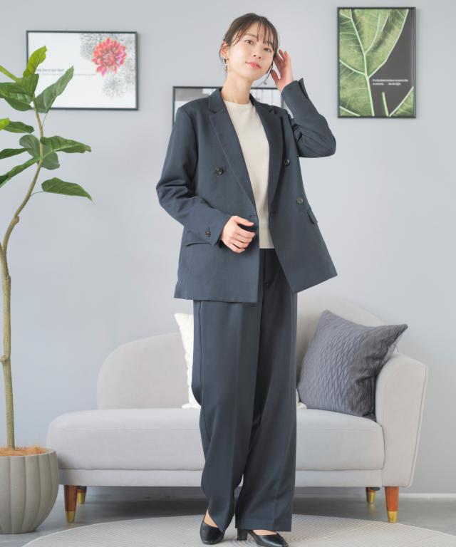 ビジネススーツ レディース パンツスーツ 大きいサイズ オフィス スーツ セットアップ ジャケット 通勤 洗える ワイドパンツ ママスーツ  面接営業リクルート 黒 紺 即日発送 ダブルジャケット ビジネス セレモニースーツ  20代 30代 40代_2