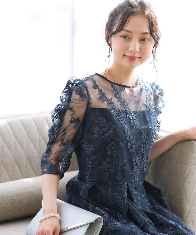 ドレス 結婚式 お呼ばれ 花柄 刺繍 ミモレ丈 20代 パーティードレス 30代 40代 刺繍 花柄 レース スカラップ 可愛い コーデ ロング ブライダル 謝恩会 成人式 同窓会 友達 親族 ミディ丈 体型カバー 袖あり 袖付き 二の腕カバー 秋 50代 マザーズドレス_12