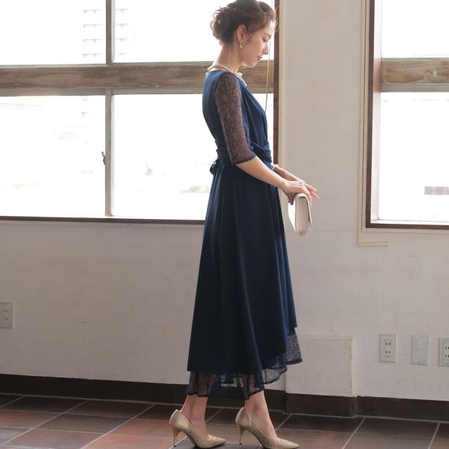 結婚式 お呼ばれ ドレス ミモレ丈 レース ハイウエスト 二の腕カバー 体型カバー スピンドル ウエスト調整 5分袖 レース袖 袖付き パーティードレス 秋 夏 謝恩会 成人式 同窓会 二次会 アフターパーティー_11