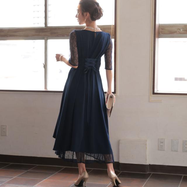 結婚式 お呼ばれ ドレス ミモレ丈 レース ハイウエスト 二の腕カバー 体型カバー スピンドル ウエスト調整 5分袖 レース袖 袖付き パーティードレス 秋 夏 謝恩会 成人式 同窓会 二次会 アフターパーティー 結婚式 お呼ばれ ドレス ミモレ丈 レース ハイウエスト 二の腕カバー