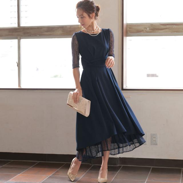 結婚式 お呼ばれ ドレス ミモレ丈 レース ハイウエスト 二の腕カバー 体型カバー スピンドル ウエスト調整 5分袖 レース袖 袖付き パーティードレス 秋 夏 謝恩会 成人式 同窓会 二次会 アフターパーティー_8