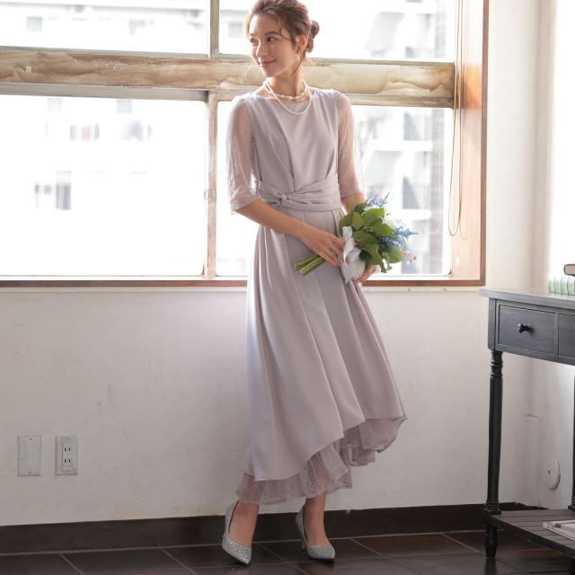 結婚式 お呼ばれ ドレス ミモレ丈 レース ハイウエスト 二の腕カバー 体型カバー スピンドル ウエスト調整 5分袖 レース袖 袖付き パーティードレス 秋 夏 謝恩会 成人式 同窓会 二次会 アフターパーティー_10