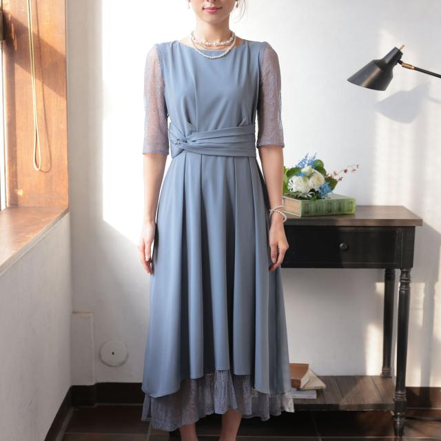 結婚式 お呼ばれ ドレス ミモレ丈 レース ハイウエスト 二の腕カバー 体型カバー スピンドル ウエスト調整 5分袖 レース袖 袖付き パーティードレス 秋 夏 謝恩会 成人式 同窓会 二次会 アフターパーティー_14
