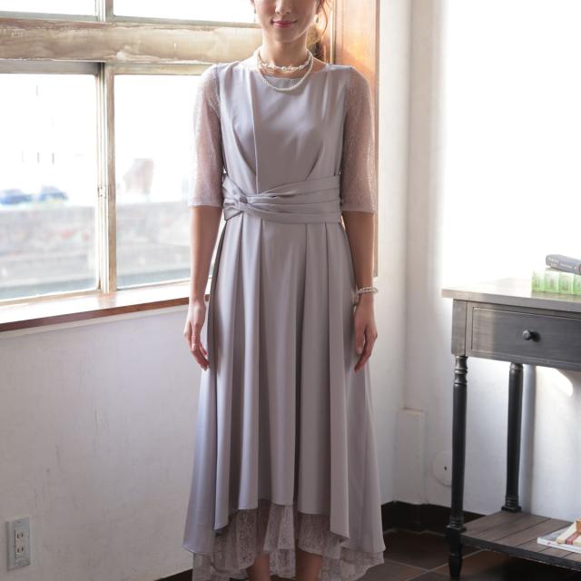 結婚式 お呼ばれ ドレス ミモレ丈 レース ハイウエスト 二の腕カバー 体型カバー スピンドル ウエスト調整 5分袖 レース袖 袖付き パーティードレス 秋 夏 謝恩会 成人式 同窓会 二次会 アフターパーティー_15