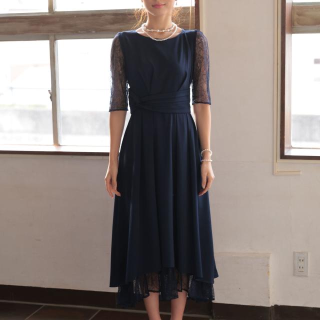 結婚式 お呼ばれ ドレス ミモレ丈 レース ハイウエスト 二の腕カバー 体型カバー スピンドル ウエスト調整 5分袖 レース袖 袖付き パーティードレス 秋 夏 謝恩会 成人式 同窓会 二次会 アフターパーティー_16