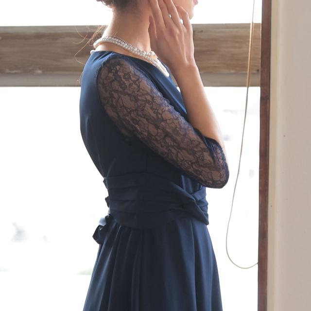 結婚式 お呼ばれ ドレス ミモレ丈 レース ハイウエスト 二の腕カバー 体型カバー スピンドル ウエスト調整 5分袖 レース袖 袖付き パーティードレス 秋 夏 謝恩会 成人式 同窓会 二次会 アフターパーティー_7