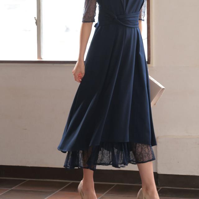 結婚式 お呼ばれ ドレス ミモレ丈 レース ハイウエスト 二の腕カバー