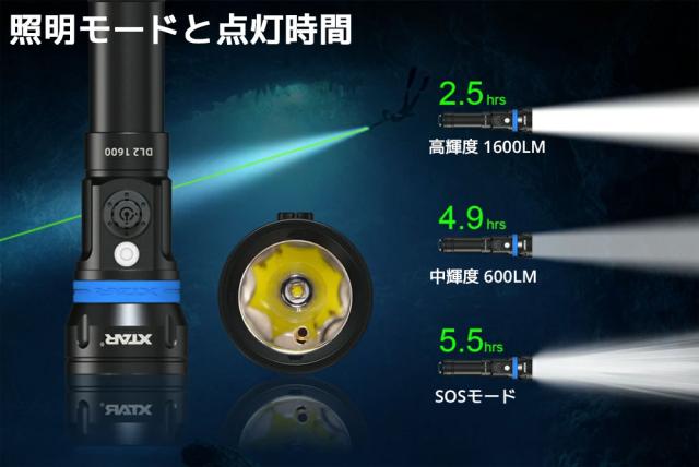 XTAR エクスター DL2 1600 ダイビングライト 1600ルーメン ダイビング用 フラッシュライト 懐中電灯 LED ライト 防水 IPX8 水深100m対応 アウトドア 釣り バッテリー 充電器付属 抗腐食素材 キャンプ_4