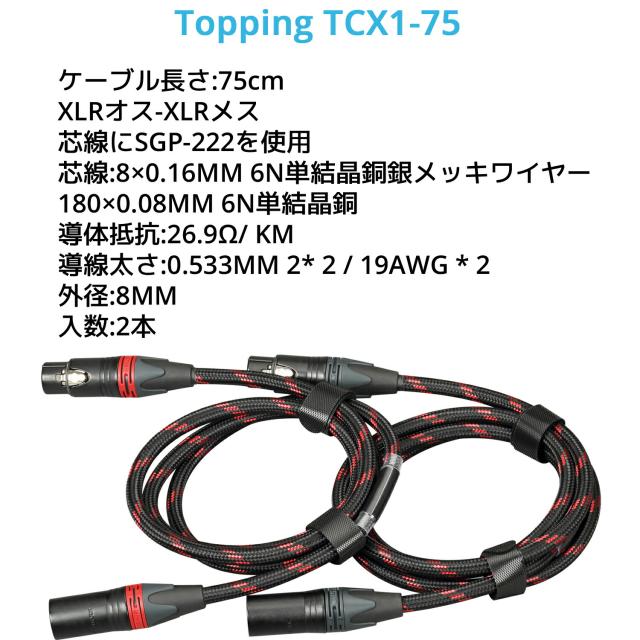 Topping XLR バランスケーブル 75cm XLRオス - XLRメス ２本 セット トッピング TCX1-75 6N単結晶銅 SGP-222 端子 バランス ライン ケーブル キャノンケーブル オーディオ アンプ DAC ダック ヘッドホンアンプ スピーカー 接続 フルバランス 高音質 オス メス TCX1-75_2