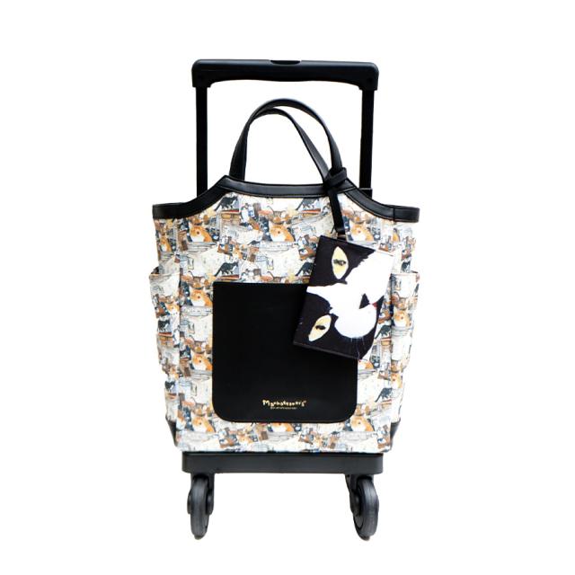 【SWANY】 スワニー マンハッタナーズコラボ D-627 M18 キャリーバッグ 12L 17Ｌ ポーチ付き 4輪ストッパー 75ミリ T2ダストガードキャスター お買い物キャリー 母の日 敬老の日 プレゼント ねこ 猫好き 窓辺でしんみり 6匹のリストランテ2 Manhattaner’ｓ_1