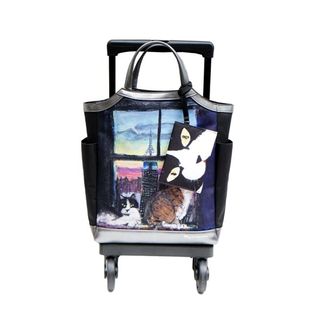 【SWANY】 スワニー マンハッタナーズコラボ D-627 M18 キャリーバッグ 12L 17Ｌ ポーチ付き 4輪ストッパー 75ミリ T2ダストガードキャスター お買い物キャリー 母の日 敬老の日 プレゼント ねこ 猫好き 窓辺でしんみり 6匹のリストランテ2 Manhattaner’ｓ_2