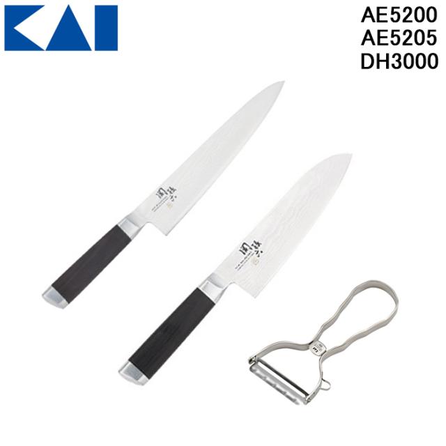 貝印 AE-5200・AE-5205・DH-3000 関孫六 ダマスカス 三徳包丁 165mm・関孫六 ダマスカス 牛刀 210mm・T型ピーラー 3点セット