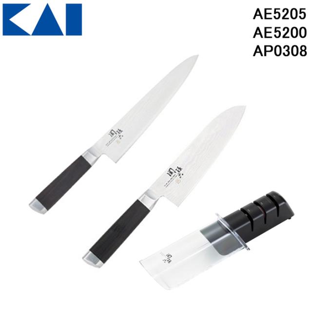 貝印 AE-5200・AE-5205・AP-0308 関孫六 ダマスカス 三徳包丁 165mm・関孫六 ダマスカス 牛刀 210mm・ダイヤモンド&amp;セラミックシャープナー 3点セット