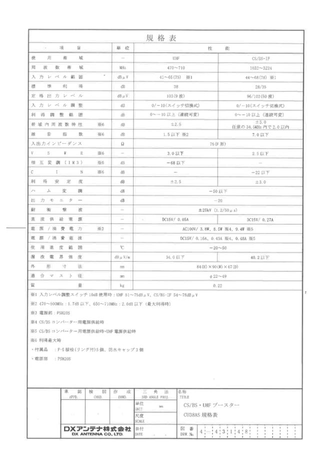 DXアンテナ CU38AS CS/BS-IF・UHFブースター(38dB形) 4K8K対応 屋外用 JEITA　HSマーク認証済 (CU43ASの後継品) DXANTENNA