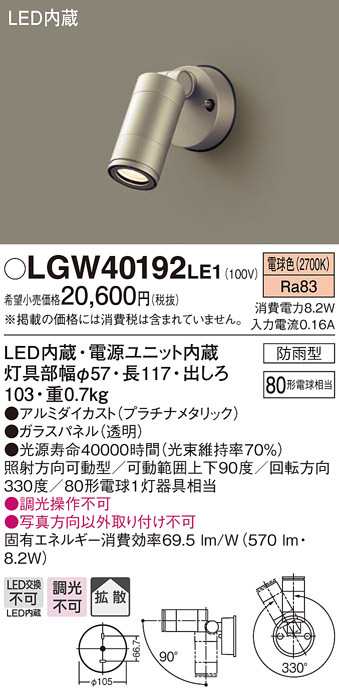 送料無料) パナソニック LGW40192LE1 スポットライト80形拡散電球色